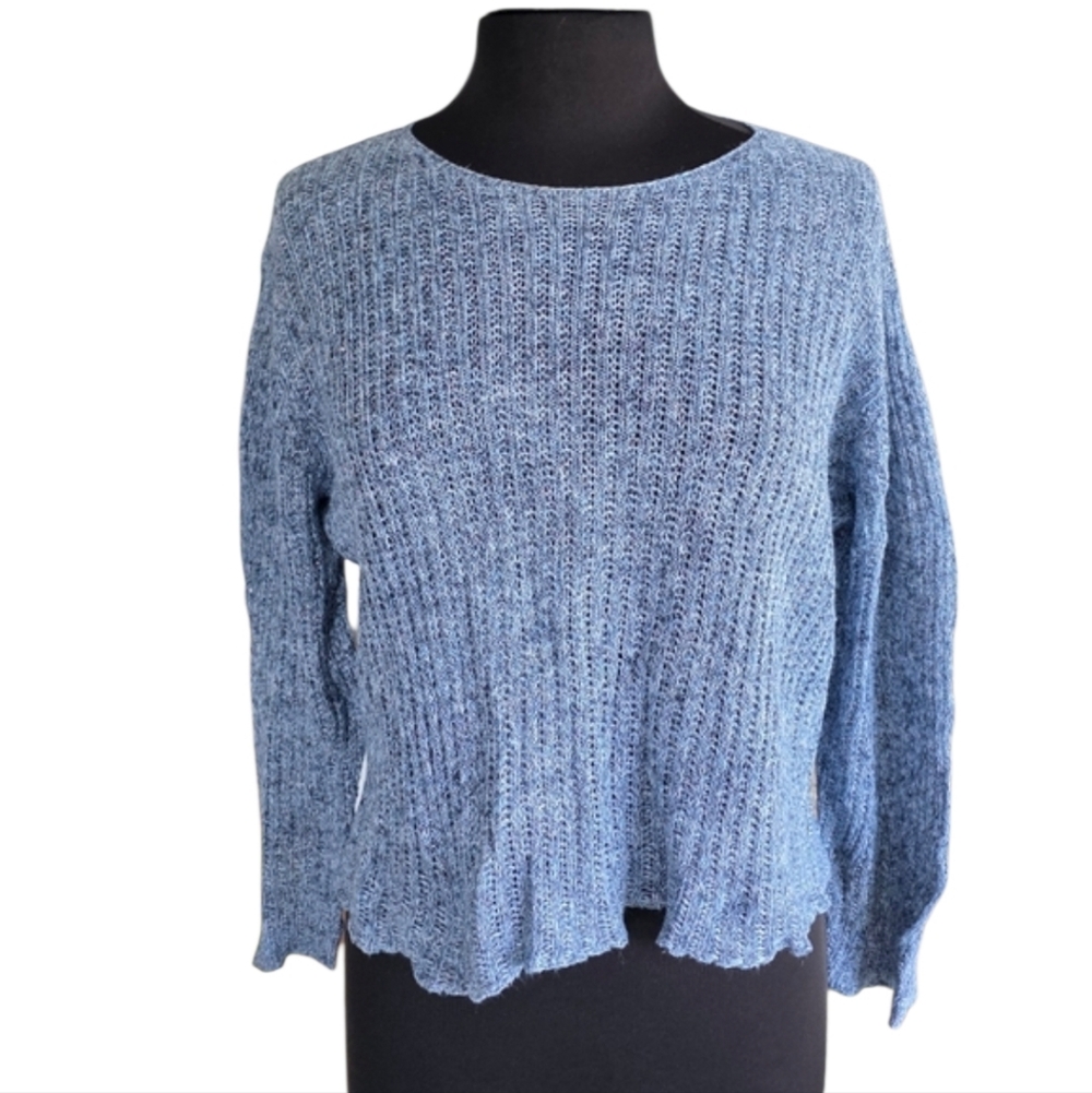Eileen Fisher Heathered Blue Crew Neck Sweater Casual Coastal Chic Knit